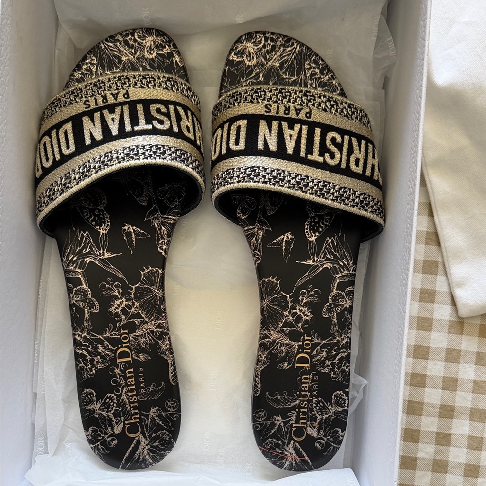 Dior Black and Gold Floral Sandals